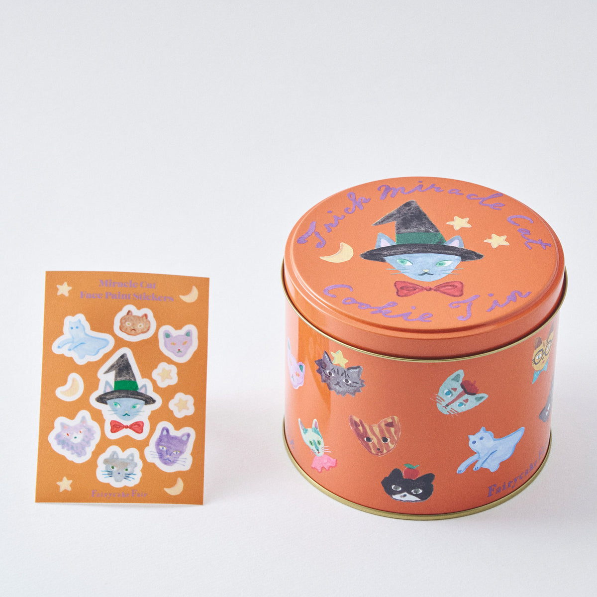 10/1発売開始【期間限定】Trick Miracle Cat Cookie Tin (神様のいたずらトリックネコクッキー缶) フェイスシール付き