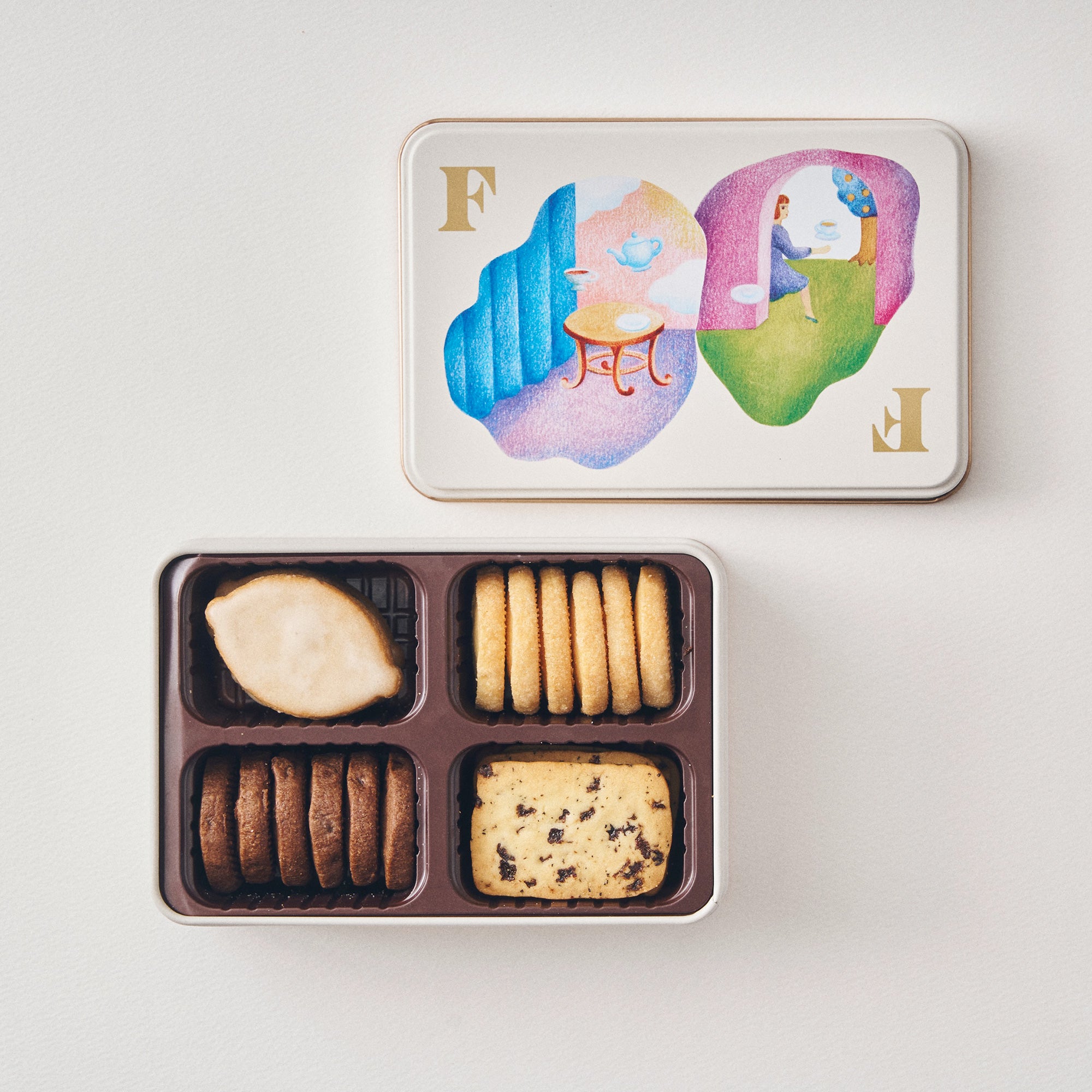 ハロッズ　フォートナム&メイソン　紅茶　缶　ビスケット　ティータイムセット FF biscuits can [tea time]ティータイムのとびら缶